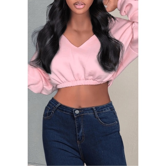 Pretty Little Thing Pastel Light Pink Off The Shoulder Crop Sweatshirt Sz Large - Picture 1 of 11